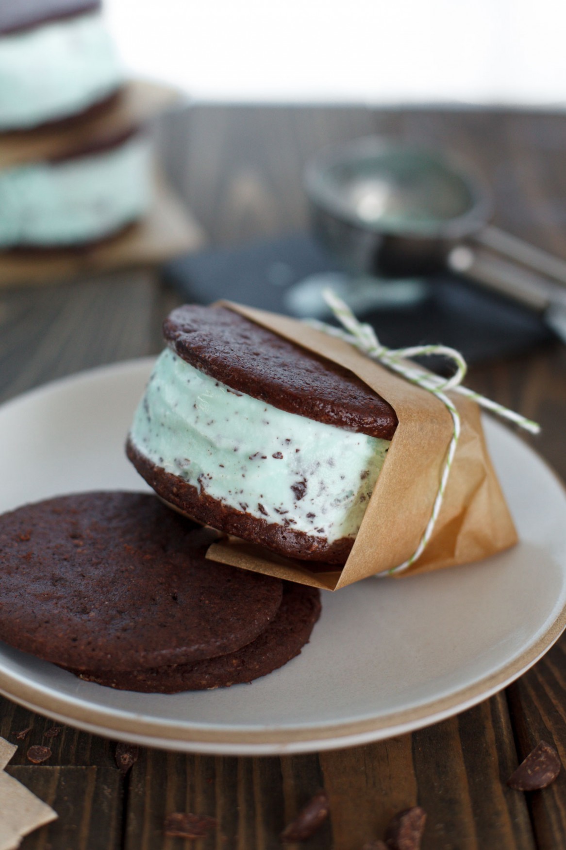 Double mint chocolate chip ice cream sandwiches