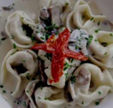 Chicken filled Tortelloni in a cream mushroom and chives sauce