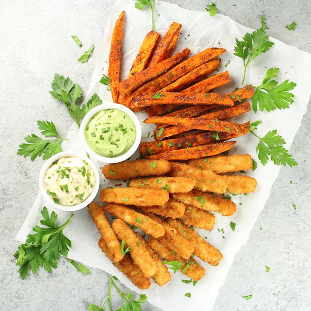 Fish Sticks with BBQ Sweet Potato Fries and Avocado Ranch