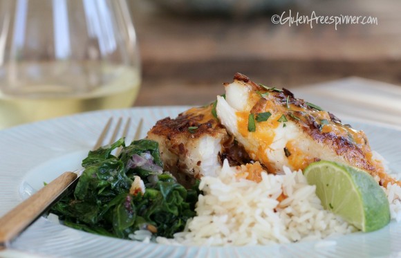 COCONUT PECAN CRUSTED HALIBUT WITH COCONUT CURRY SAUCE