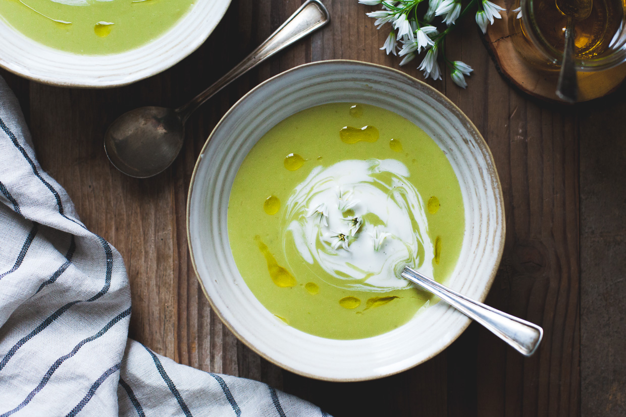 Fava Bean Soup with Lemon Crème Fraîche & Thyme Olive Oil