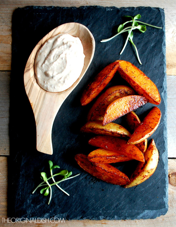 PAPRIKA SEARED POTATO WEDGES WITH OLIVE DATE TAPENADE AND DATE SOUR CREAM