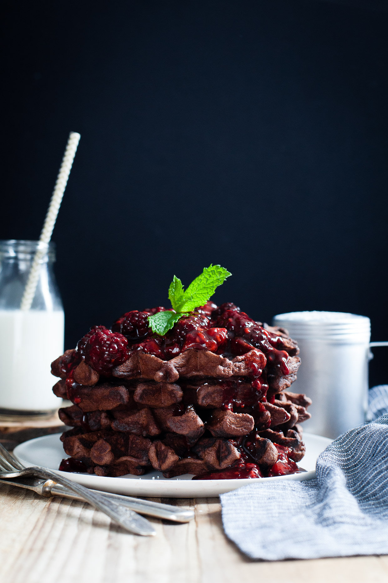 Gluten-Free Chocolate Chestnut Waffles with Balsamic Roasted Berries