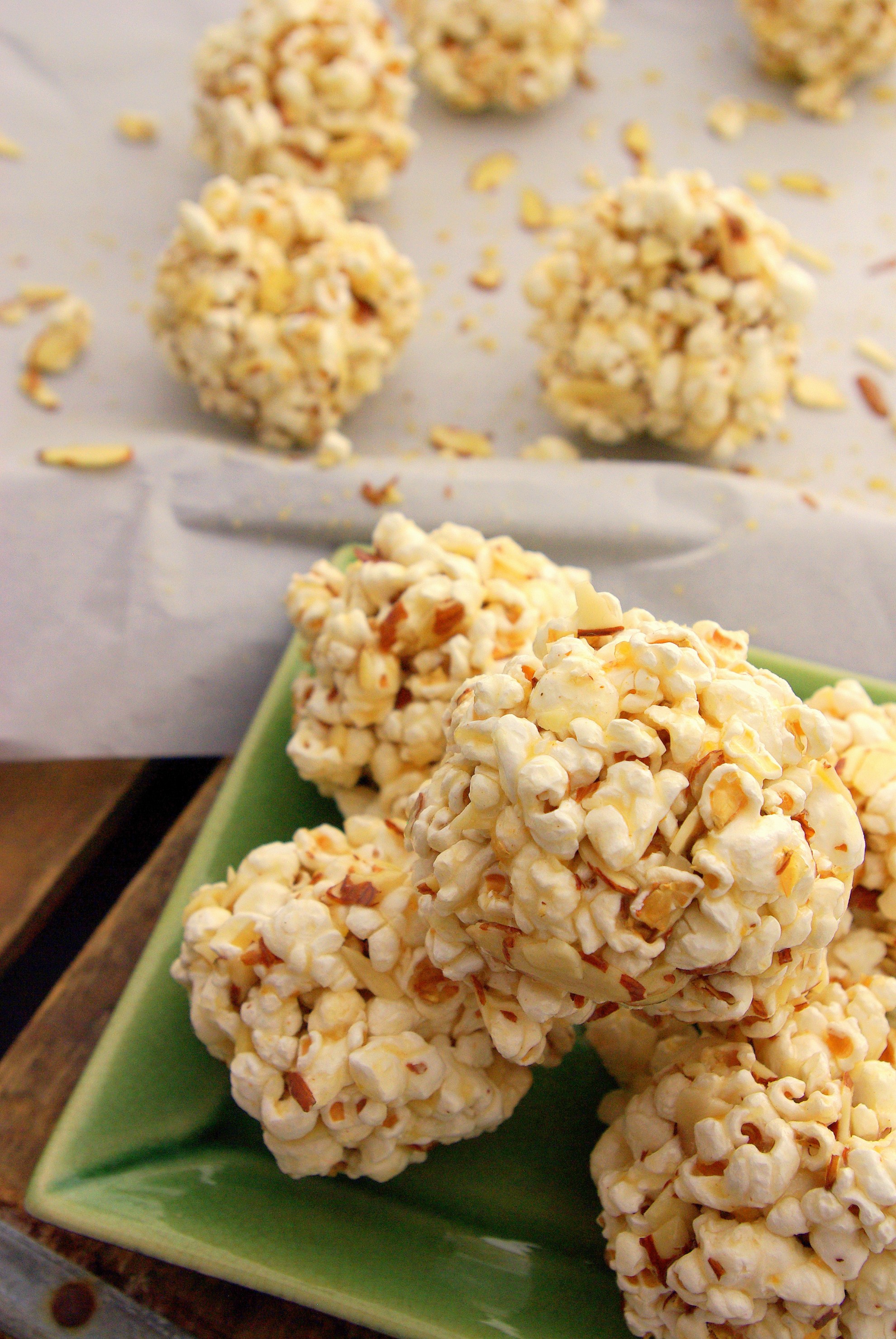 BAKED ALMOND MISO POPCORN BALLS WITH HONEY AND GINGER