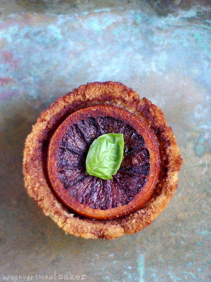 RUSTIC BLOOD ORANGE TARTS WITH SALTED CHOCOLATE AND BASIL