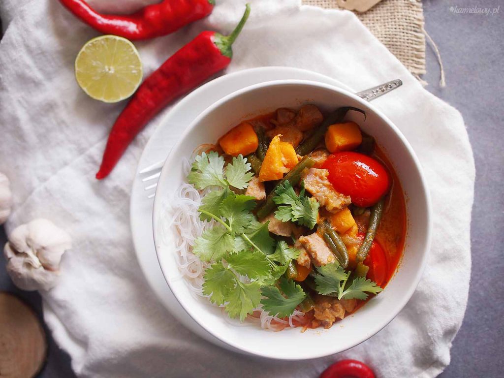Red curry with fish, beans and sweet potato