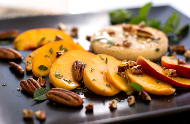Peaches with Fried Grits and Pecans