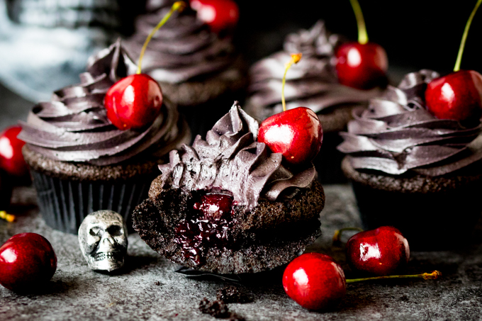 Halloween Black Cupcakes with Cherry Filling