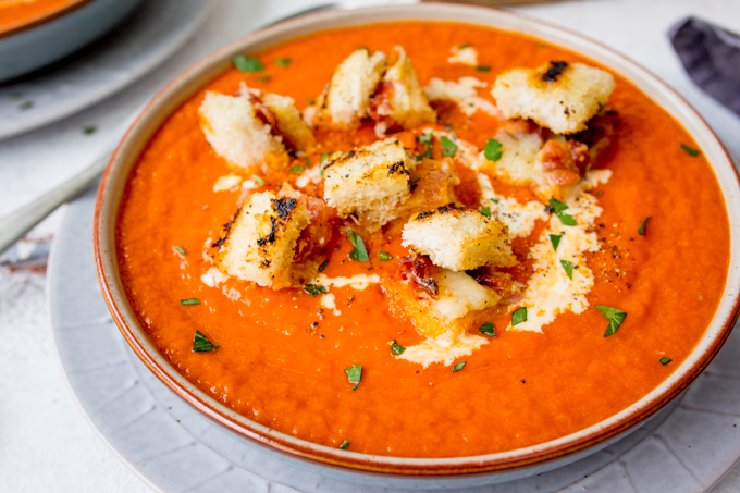 Tomato soup with Gruyere and bacon croutons