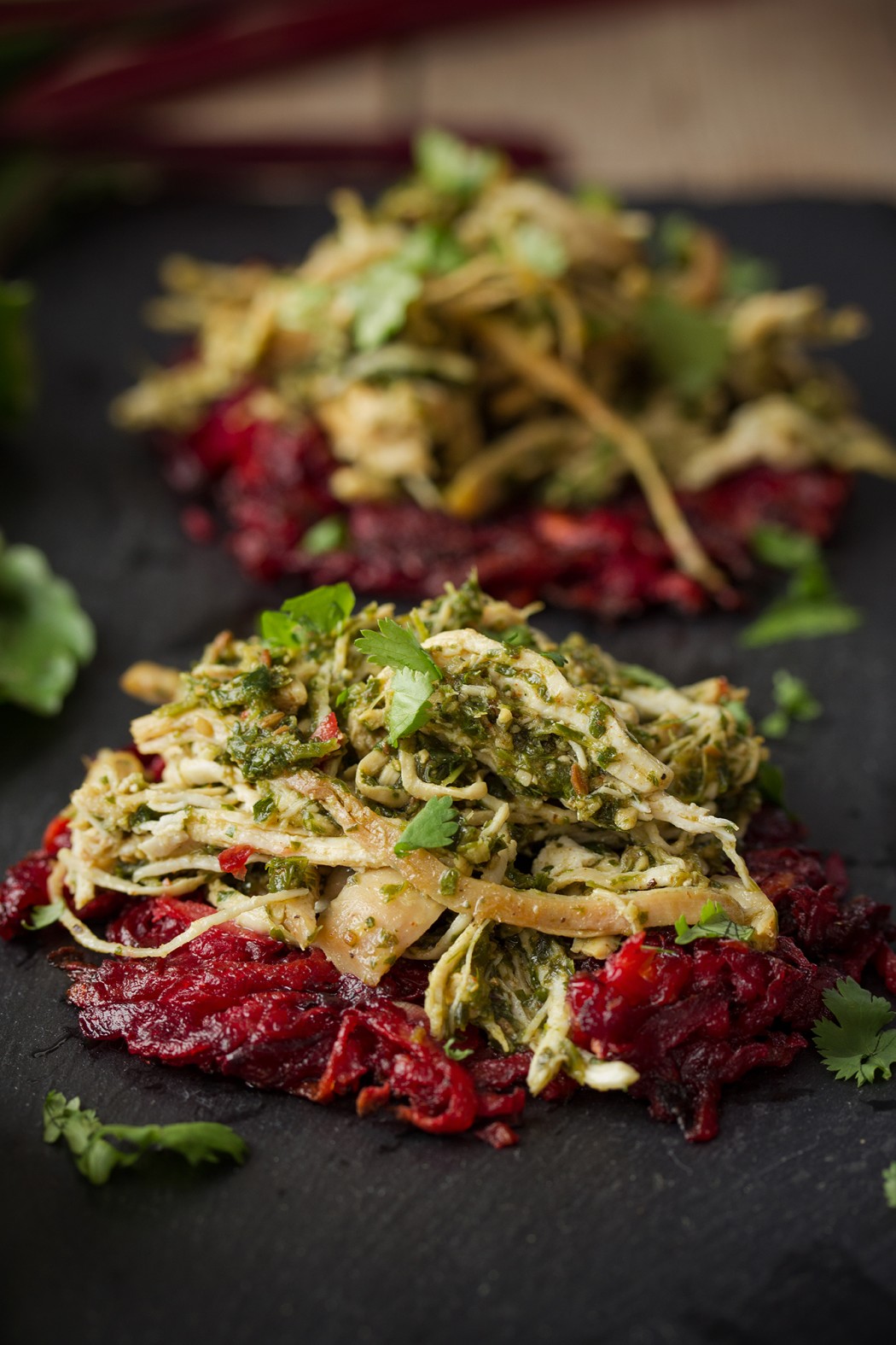 Chermoula Pulled Chicken on Sweet Potato and Beet Hash