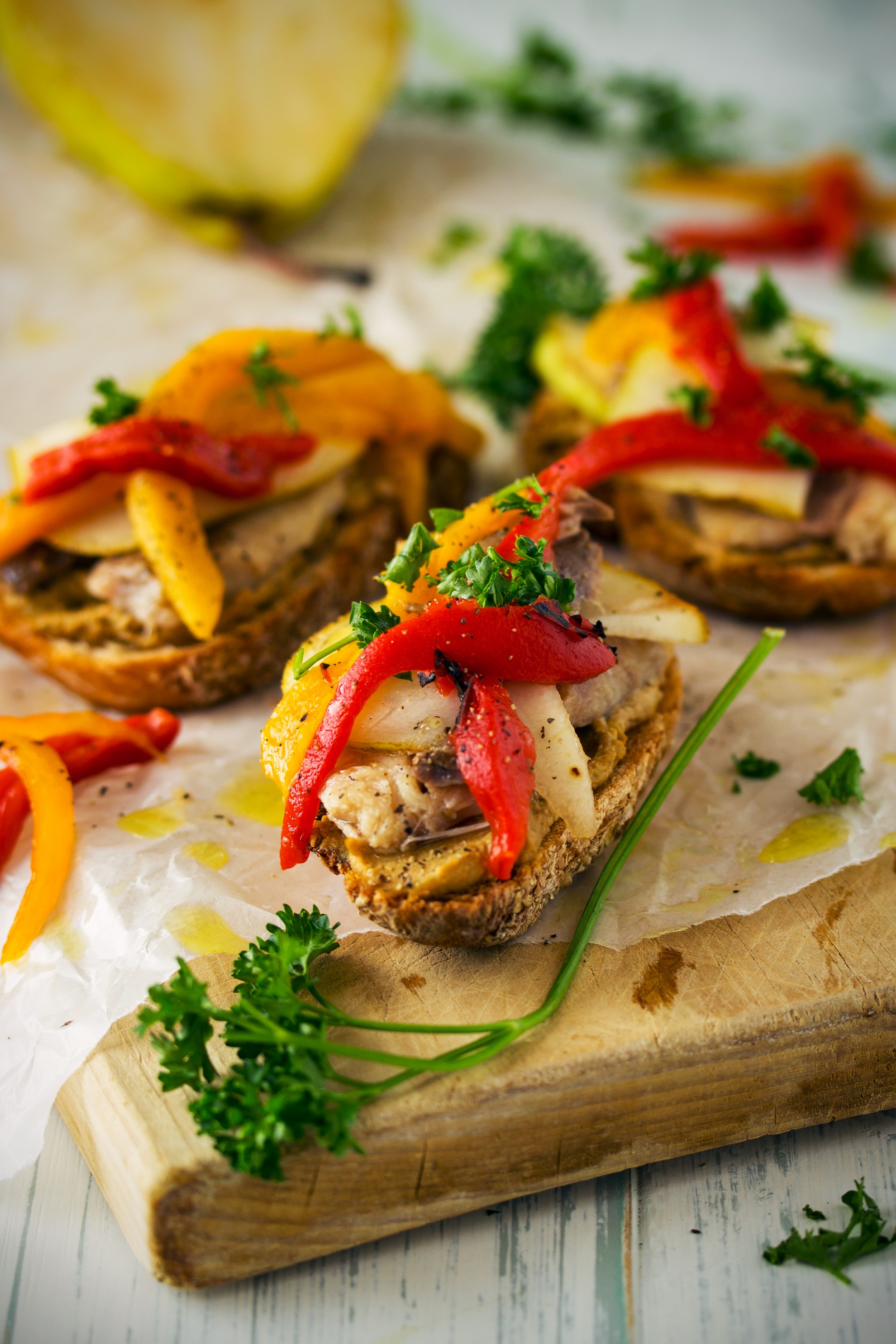 Sardine Toasts with french lentil Hummus, pear and roasted red pepper