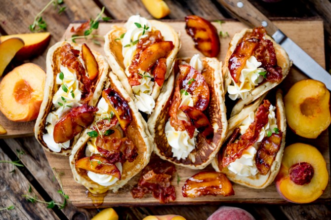 Pancake tacos with peaches and pancetta
