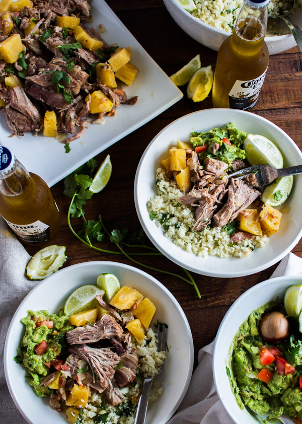 Slow Cooker Pineapple Pulled Pork with Cauliflower “Rice” + Guacamole
