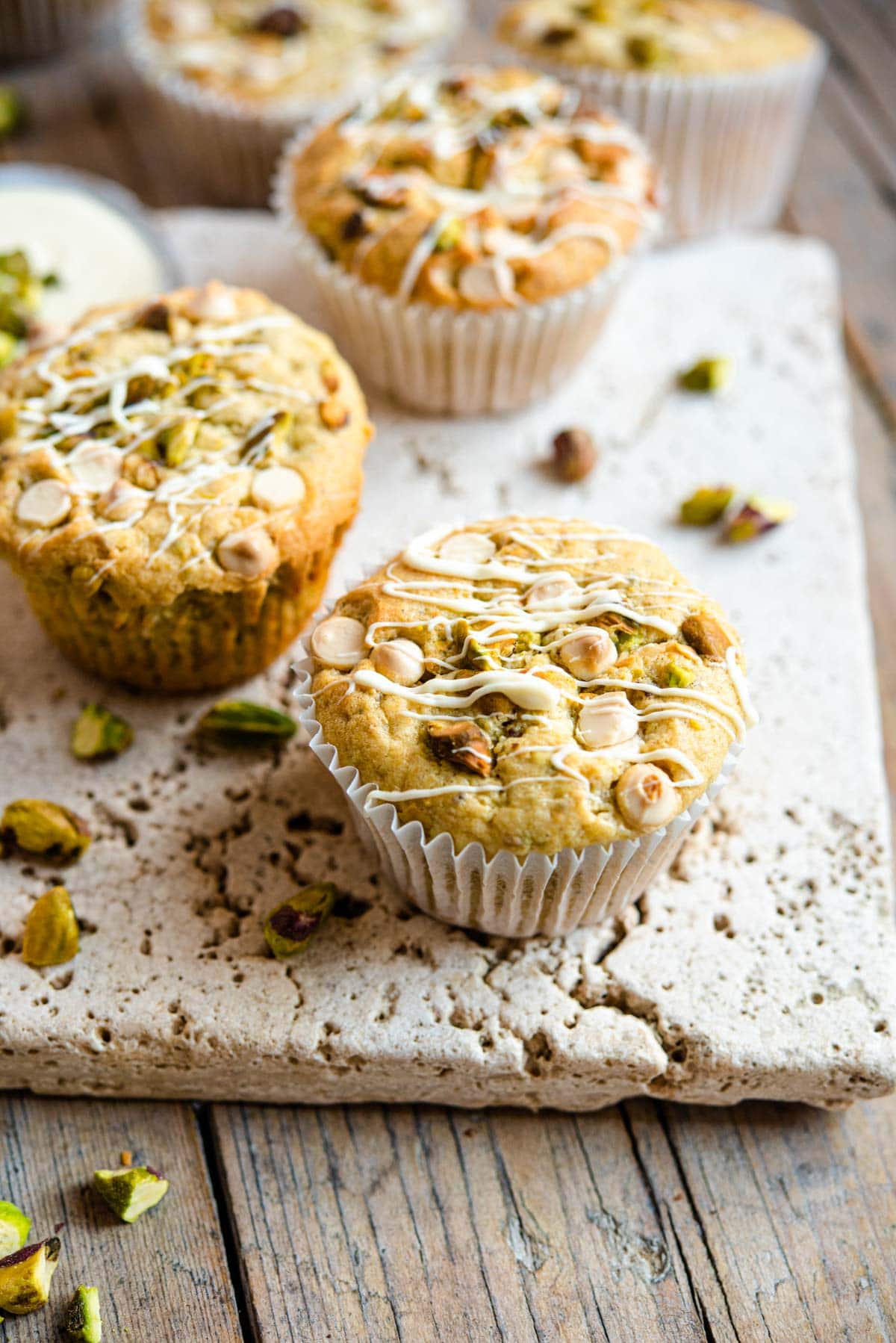 Pistachio Muffins with White Chocolate Chips
