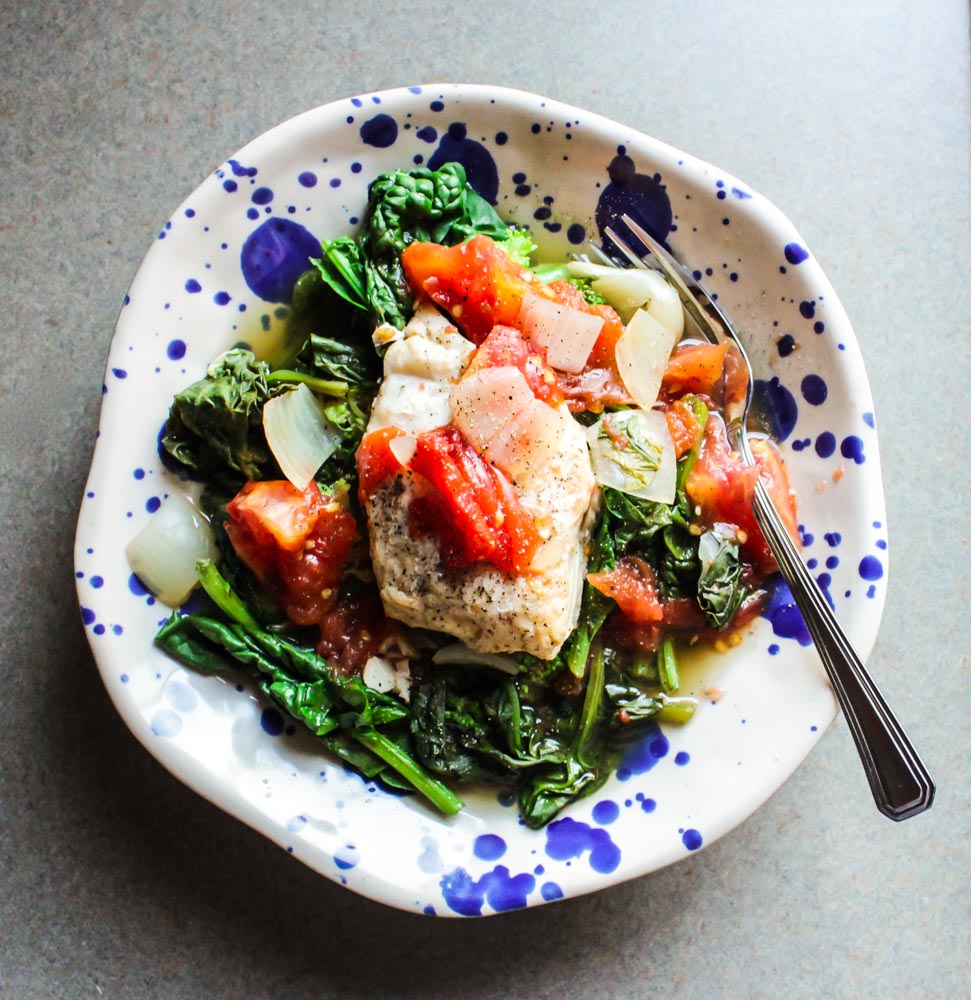 Poached Cod with Spinach and Broccoli