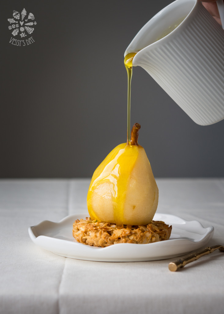 Saffron poached pears with oat cookies