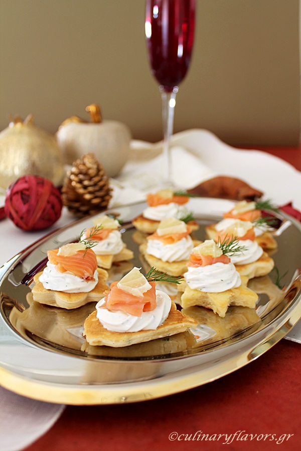 Little Pancakes with Cream Cheese, Smoked Salmon and Shrimps