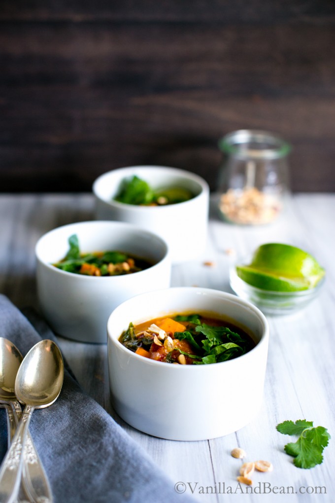 Sweet Potato Peanut Chipotle Soup with Wilted Greens