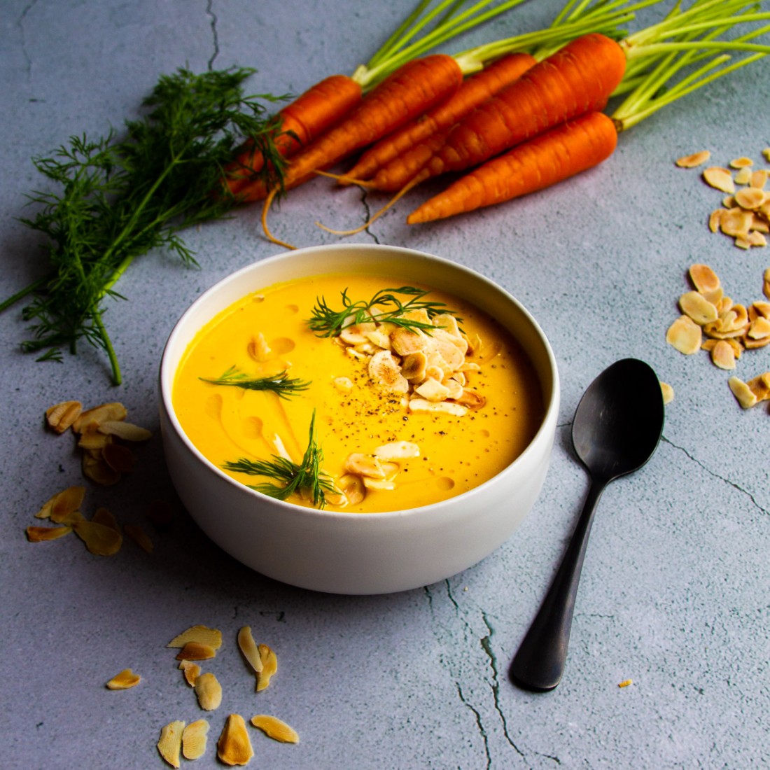 Vegan Carrot Ginger Soup with Dill + Toasted Almonds