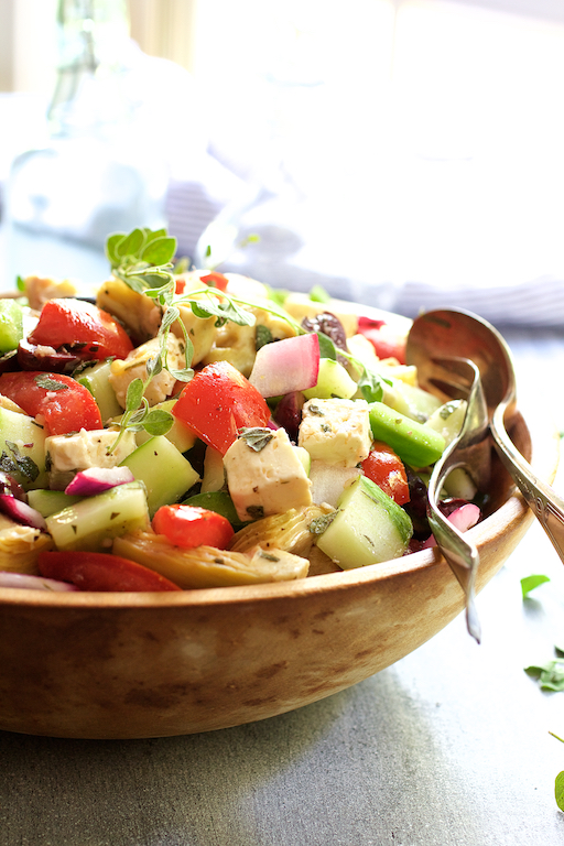 Greek Vegetable Salad with Marinated Feta Cheese