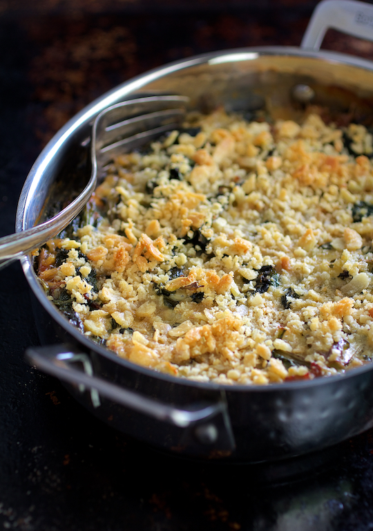 Kale Sprout Spinach and Arugula Gratin with Cambozola