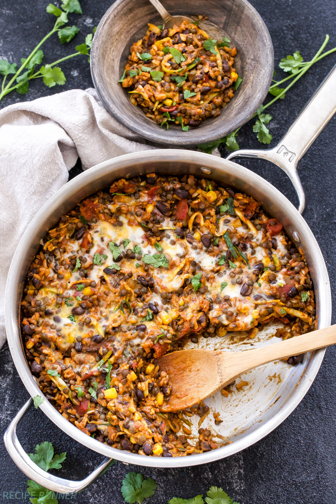 One Pot Cheesy Mexican Lentils, Black Beans and Rice