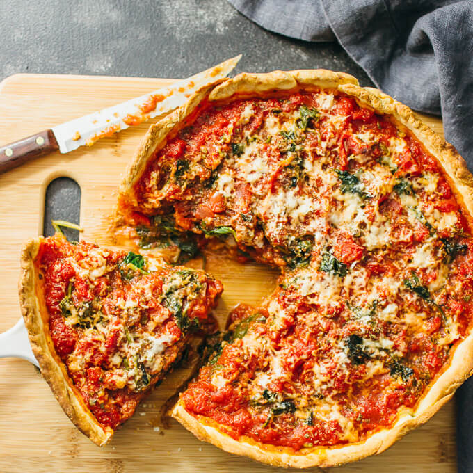 Chicago deep dish pizza with spinach