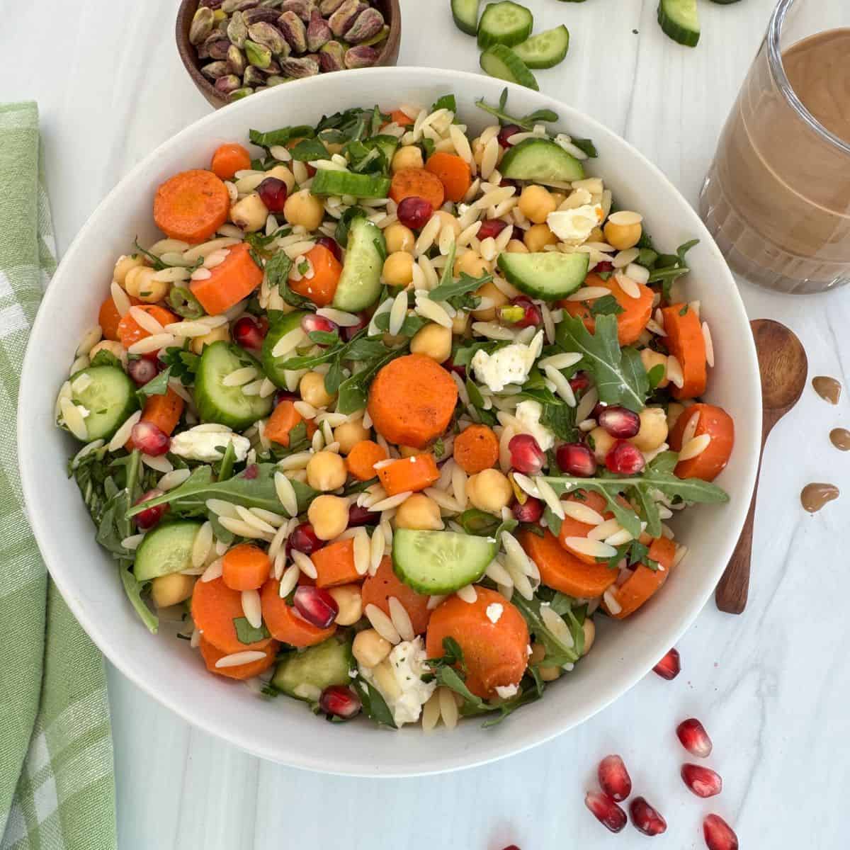 Chickpea Orzo Salad With A Pomegranate-Tahini Dressing