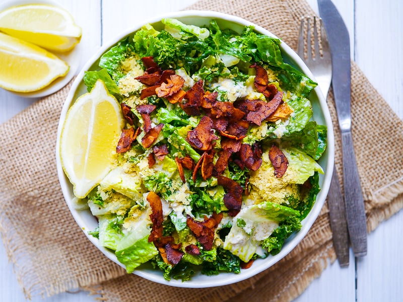 Vegan Kale Caesar Salad with Coconut Bacon