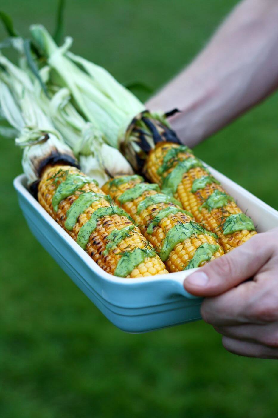 Grilled Corn on the Cob with Creamy Avocado Dill Dressing 