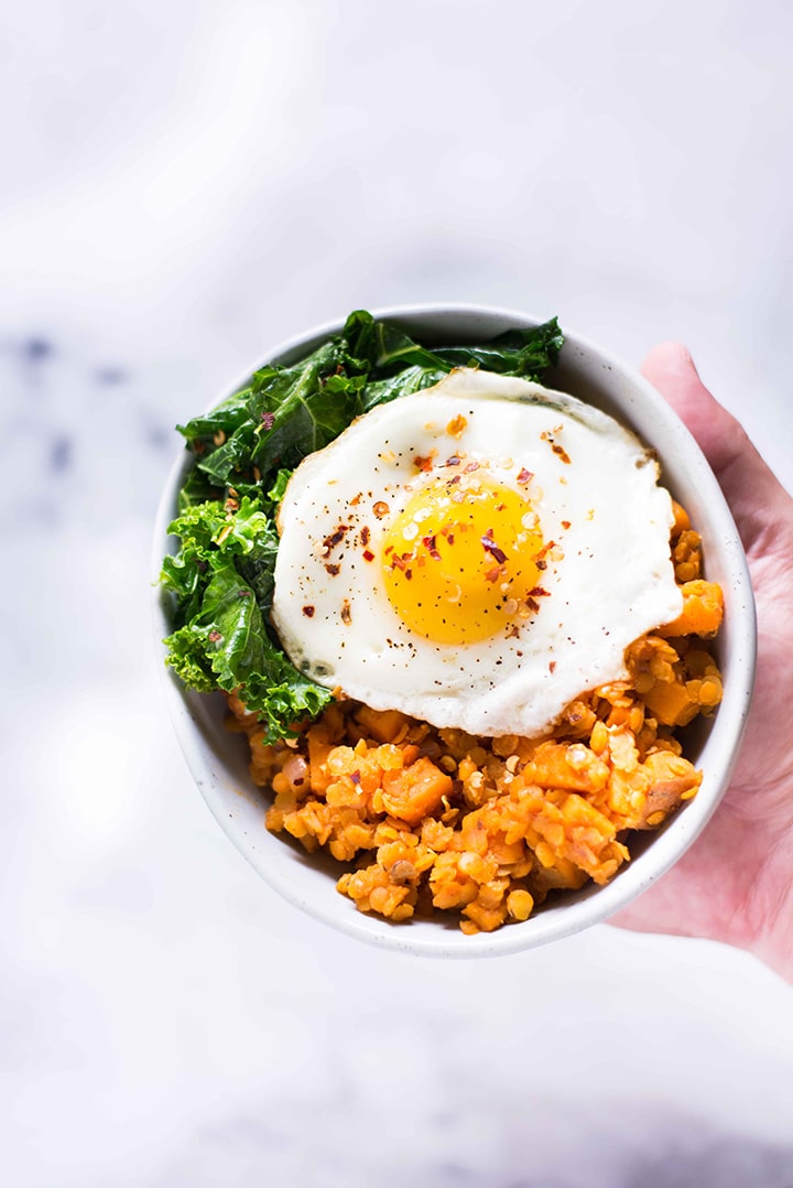 Sweet Potato And Lentil Hash with Garlic Sauteed Kale 