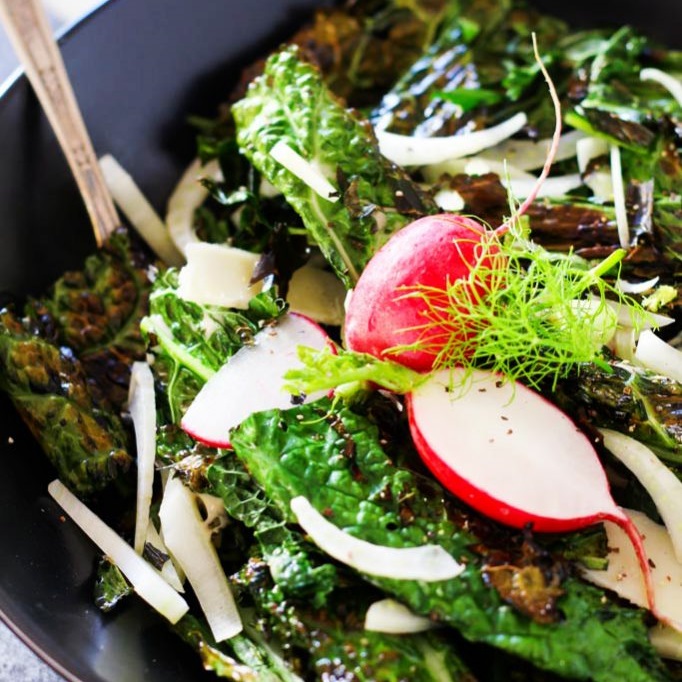 Grilled Kale Caesar Salad with Fennel and Radishes