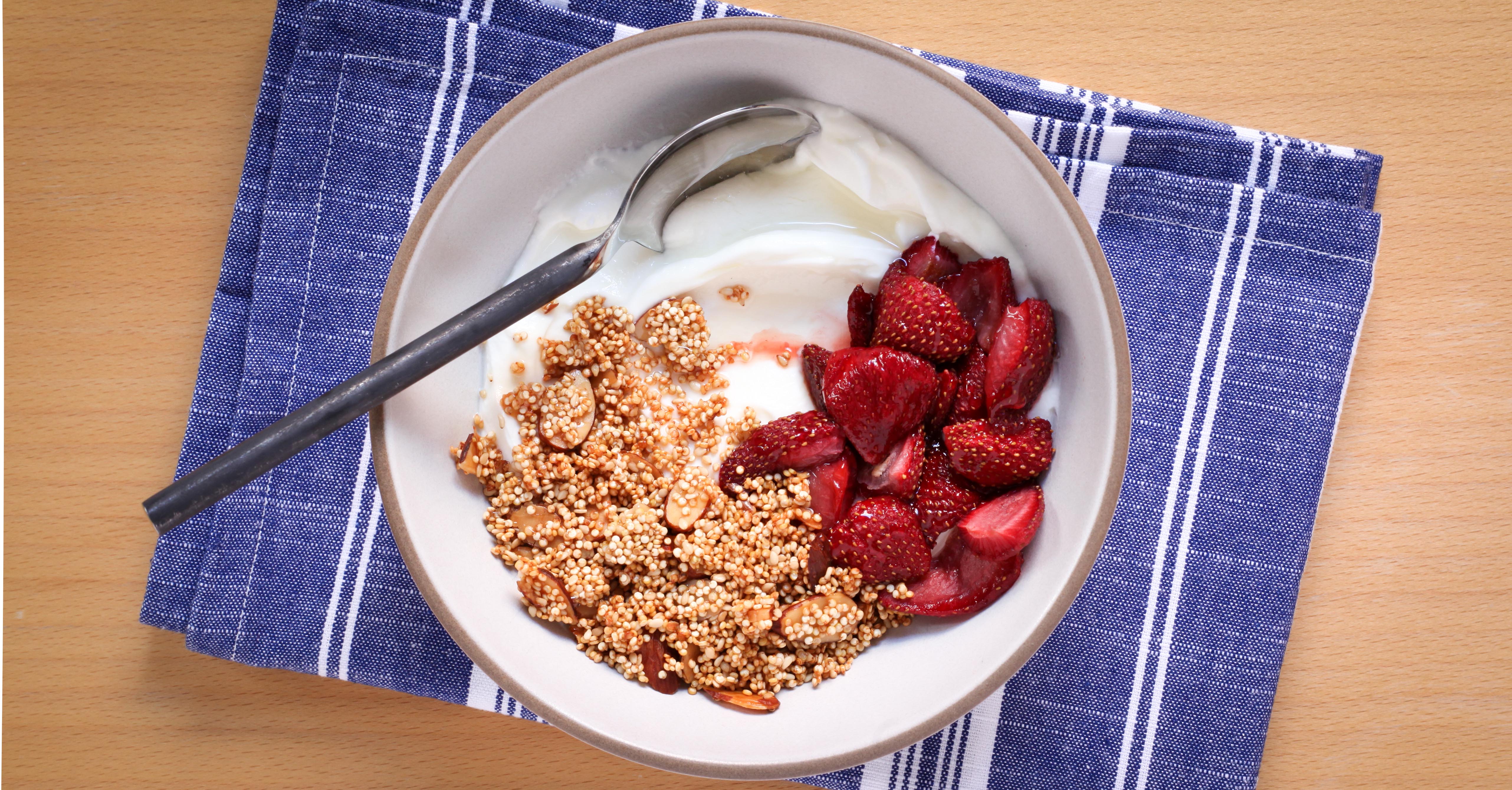 Greek Yogurt With Crispy Quinoa and Roasted Strawberries 