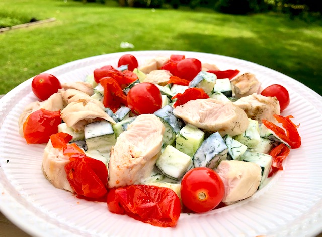 Cucumber Salad with dill dressing and grilled chicken - Sear Marks