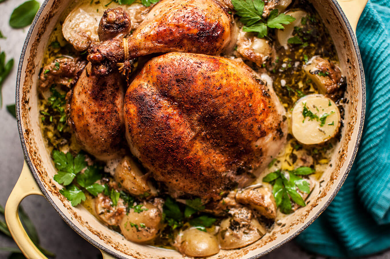 Creamy Lemon and Herb Pot Roasted Whole Chicken