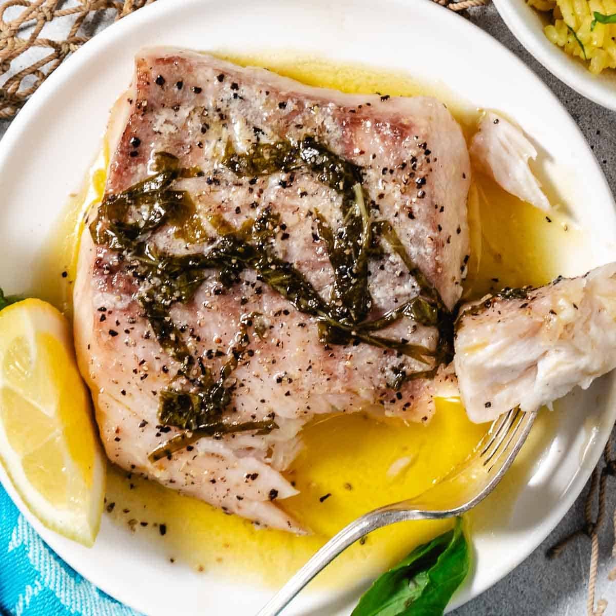 Baked Tripletail with Basil Butter Sauce