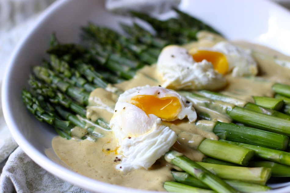 Asparagus with Mustard Anchovy Vinaigrette + Poached Eggs – From Jessica's Kitchen