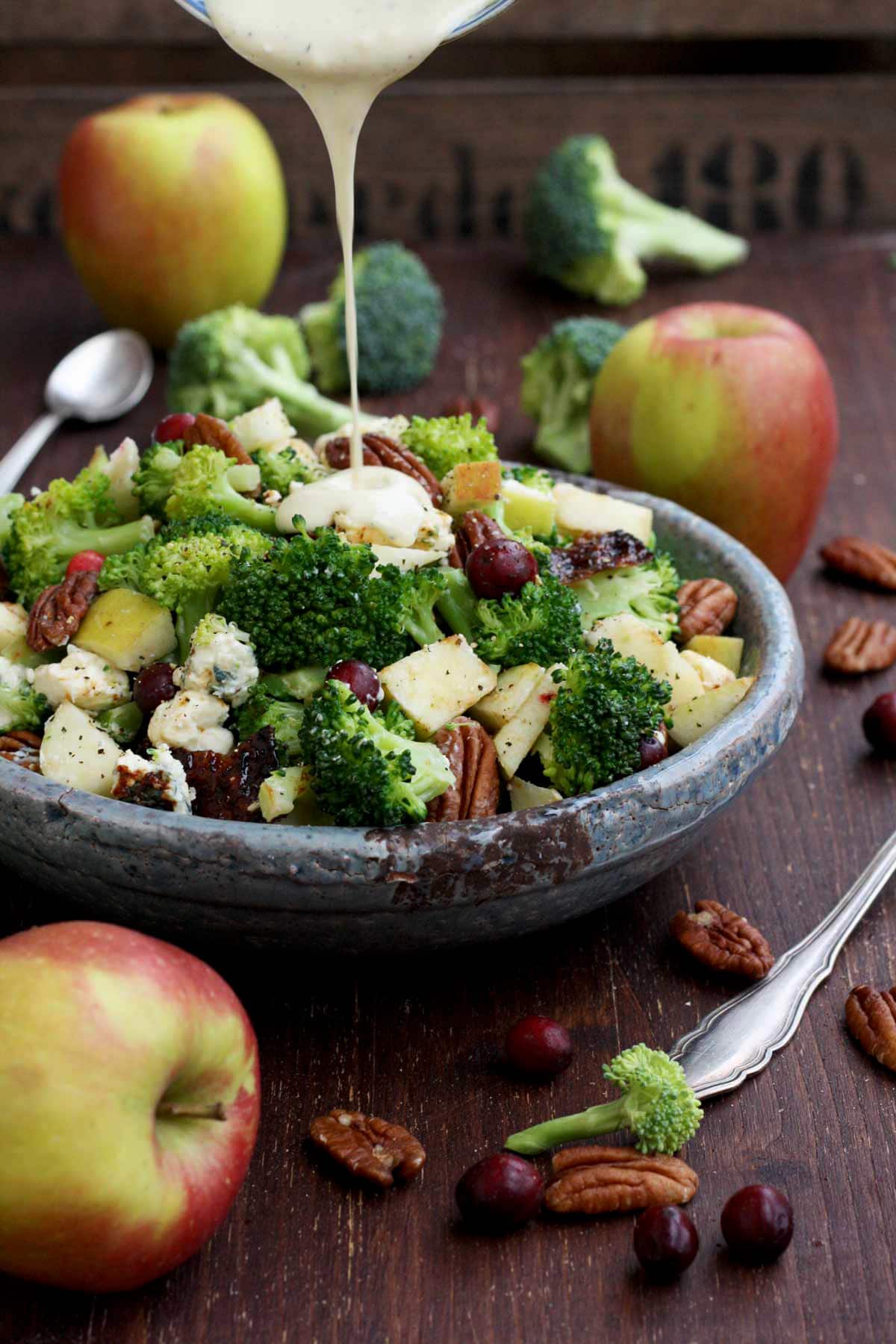 Healthy Broccoli Salad with Vegan Bacon, Apples, Blue Cheese and Pecans