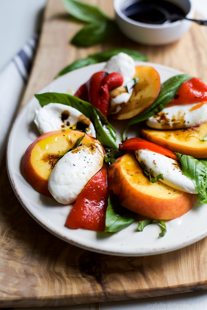 Roasted Red Pepper Peach Caprese with Balsamic Reduction 