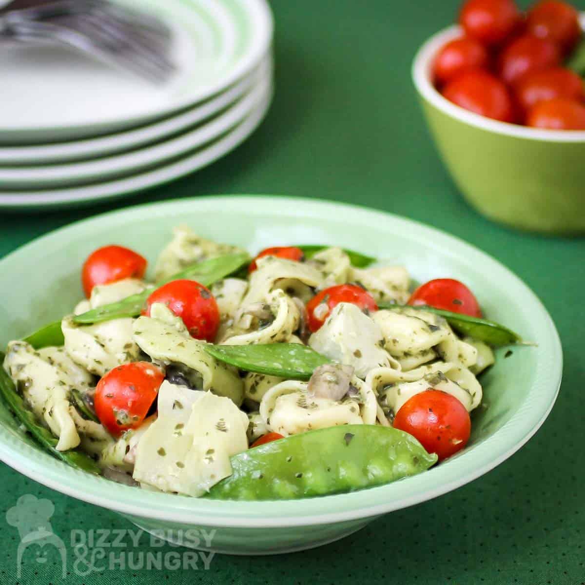 Pesto Tortellini with Artichoke and Snow Peas