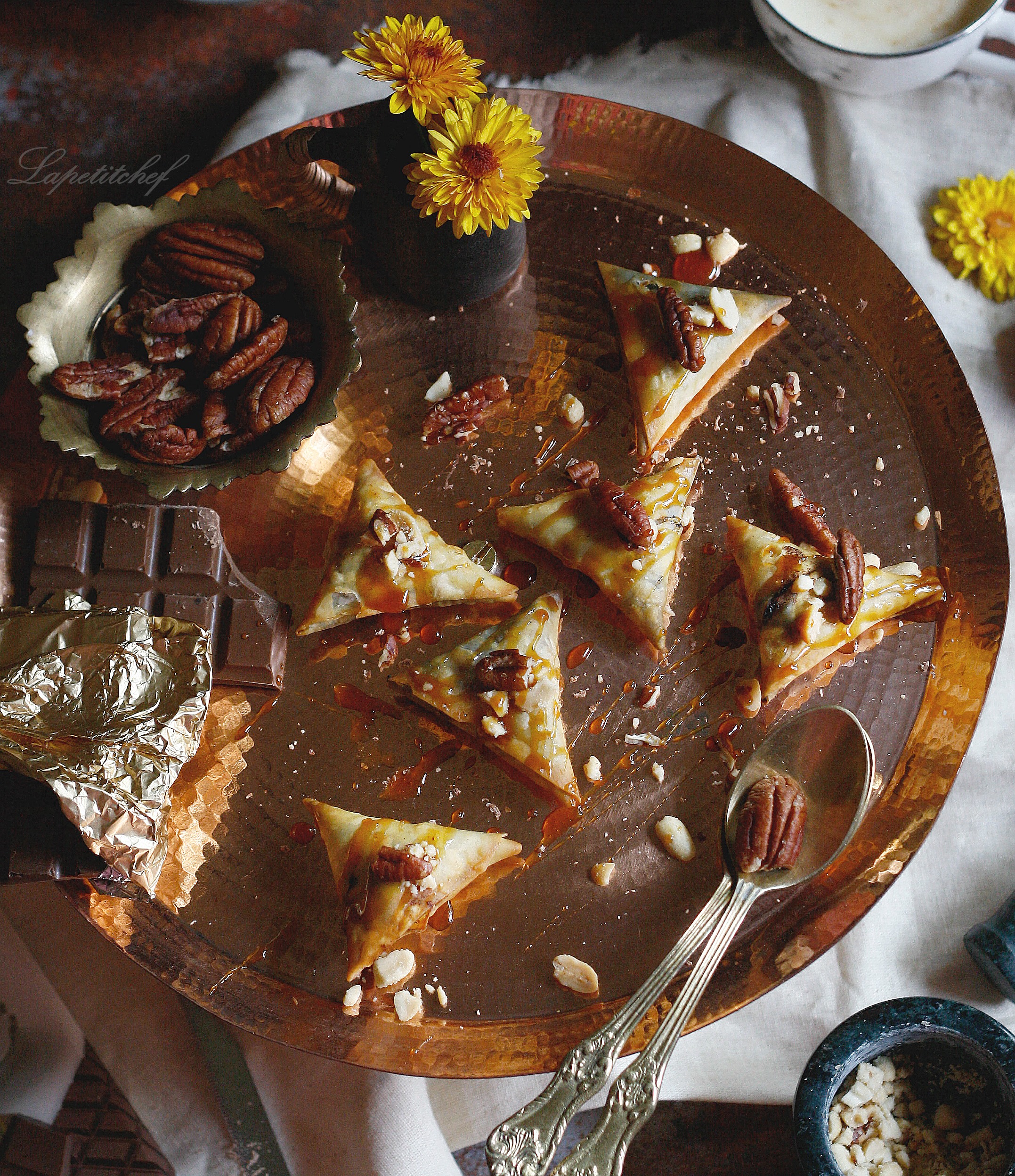 Chocolate samosa with salted caramel and pecans