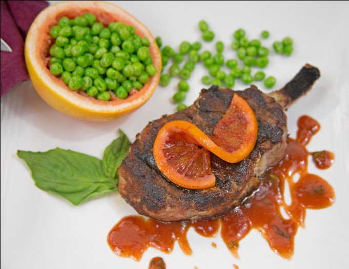 Grilled Pork Chops with Blood Orange Sauce & Butter-Sauteed Peas