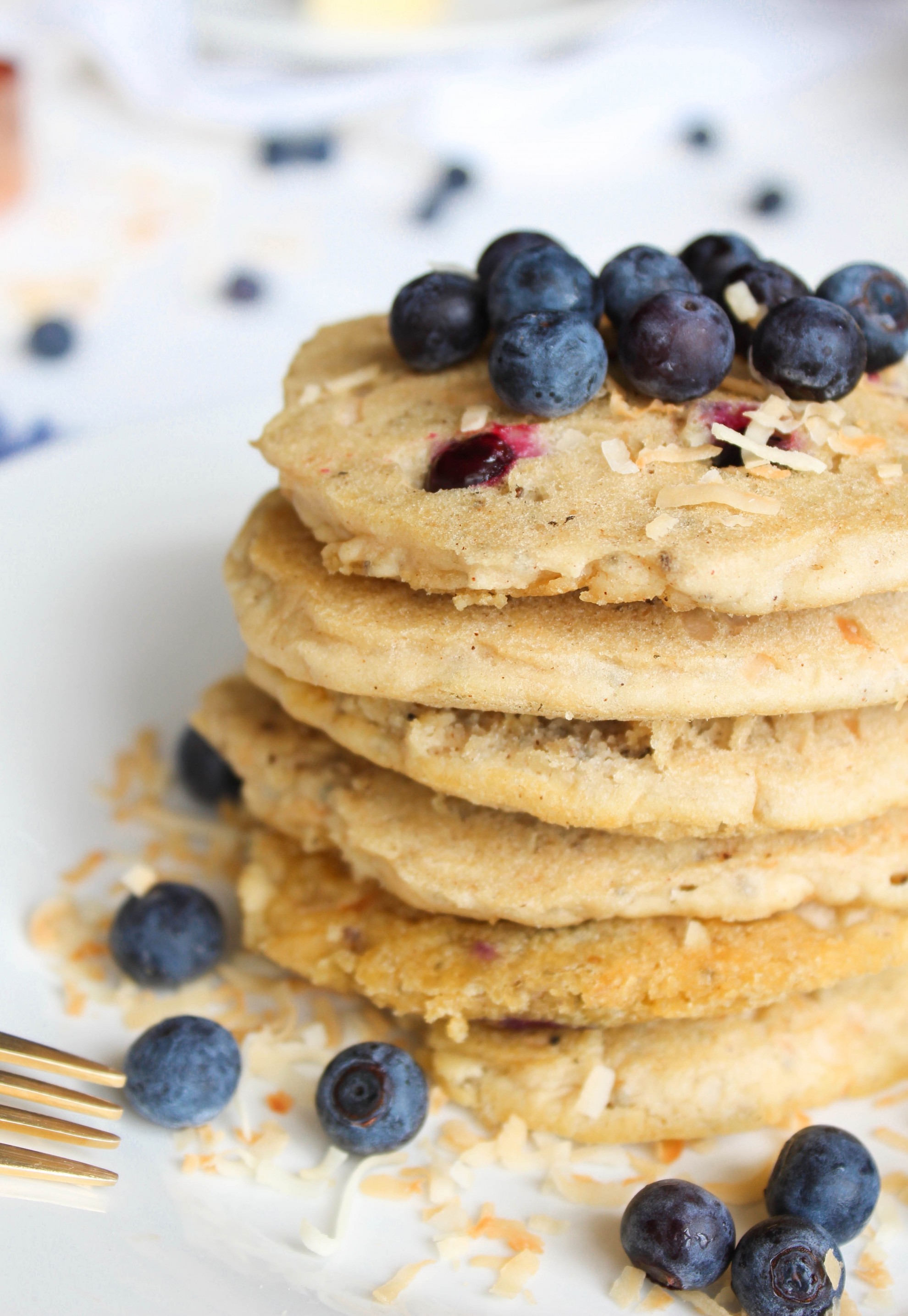 Toasted Coconut Blueberry Pancakes-made with brown rice flour