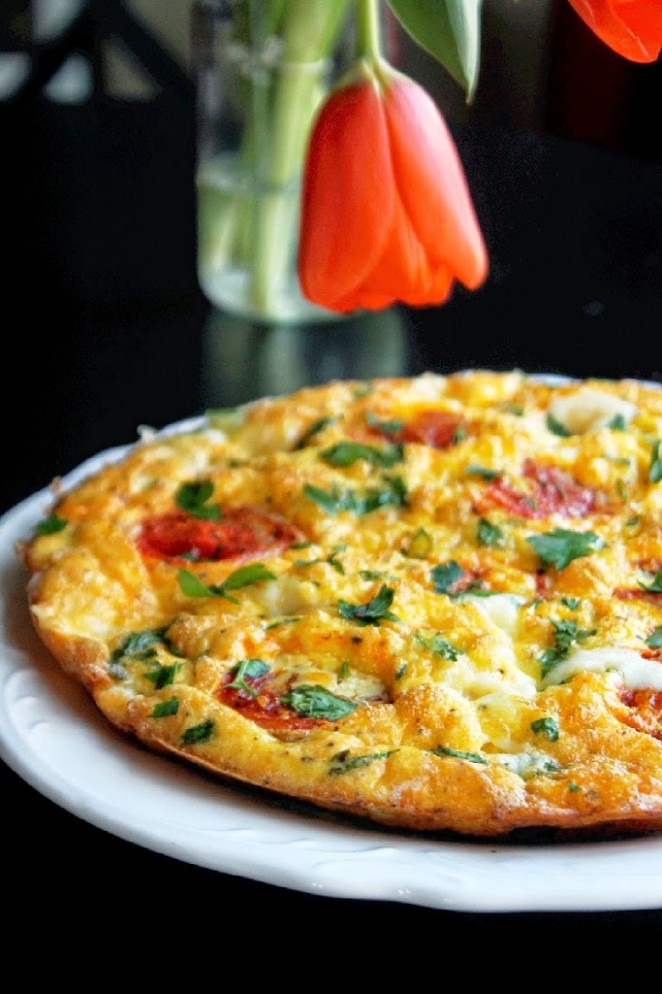 Quick and Easy Frittata with Tomatoes  Peppers and Two Cheeses