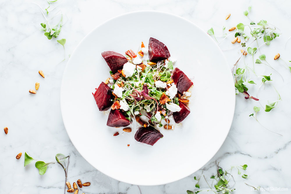  Warm Beet Salad with Microgreens, Bacon and Goat Cheese
