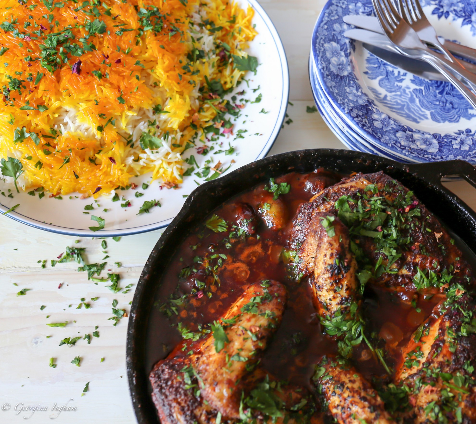 Middle Eastern Chicken with Olives in Tomato Sauce with Saffron Chelow