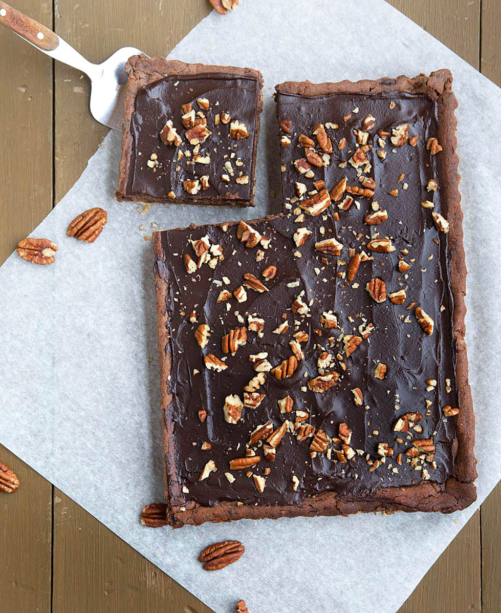 Chocolate Cheesecake Bars with a Pecan Shortbread Crust