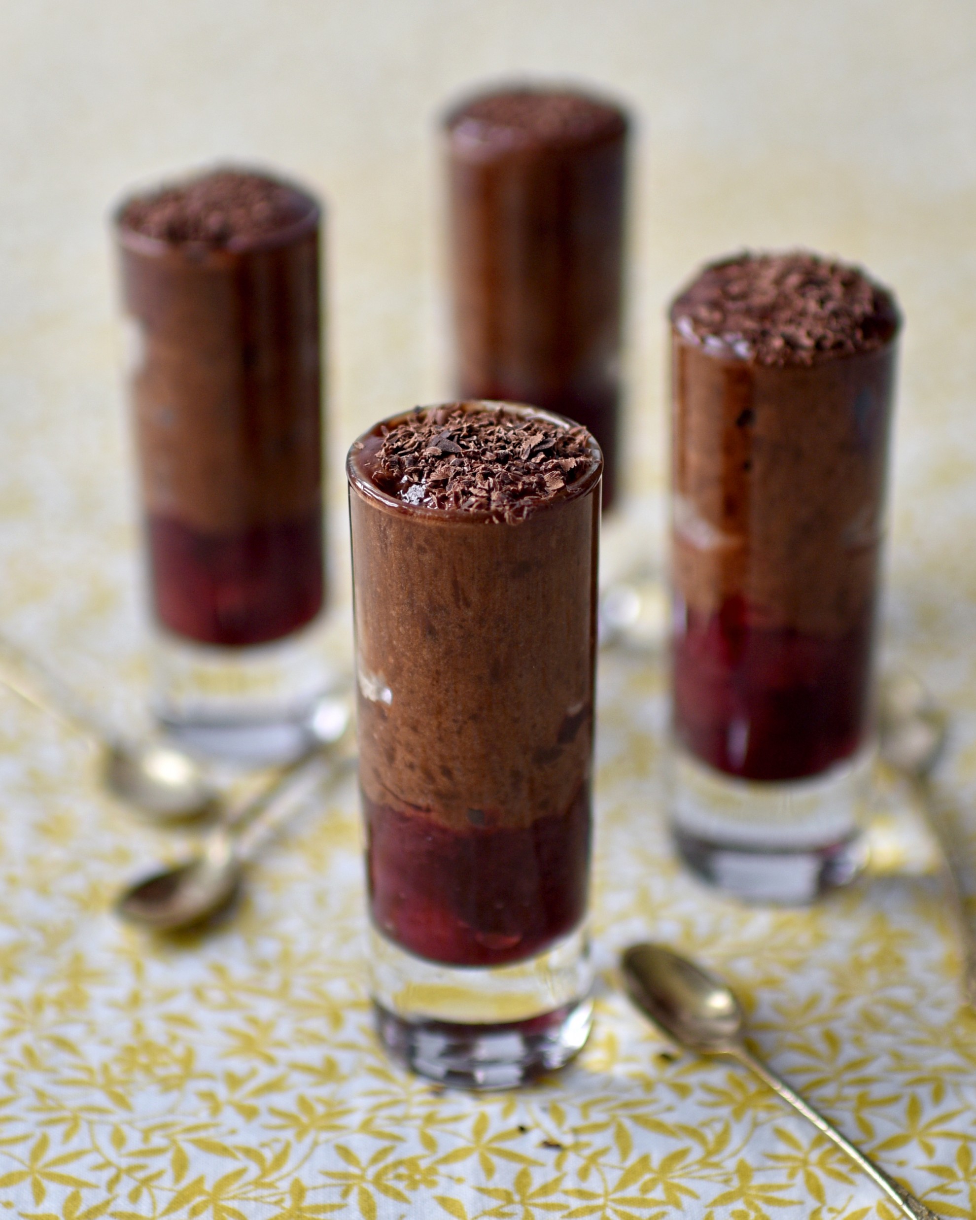 chocolate and olive oil mousse with cherry compote