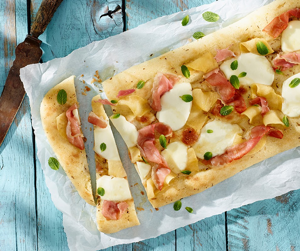Herbed Focaccia with Caramelized Apples Prosciutto and Bocconcini
