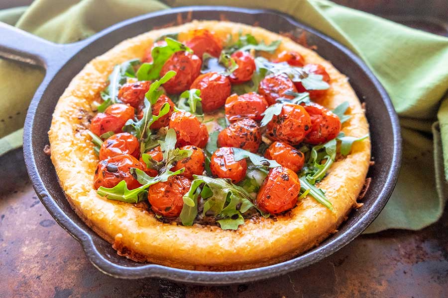 Gluten Free Dutch Baby With Smoked Gouda, Tomatoes and Arugula